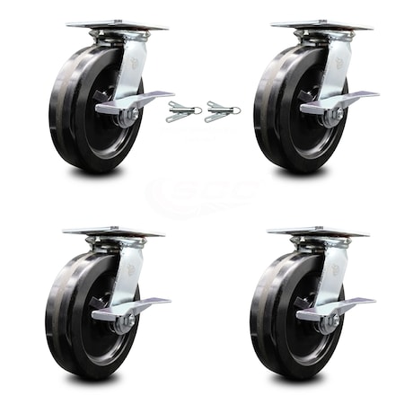 8 Inch Phenolic Caster Set With Roller Bearing 4 Brake And 2 Swivel Lock SCC